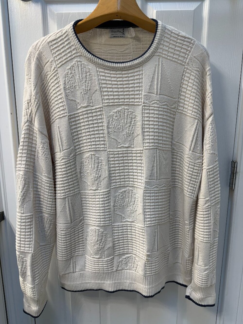 Vintage Crown Point Cotton Nautical Sweater U.S.A Sailboats Seashells Cream XXL